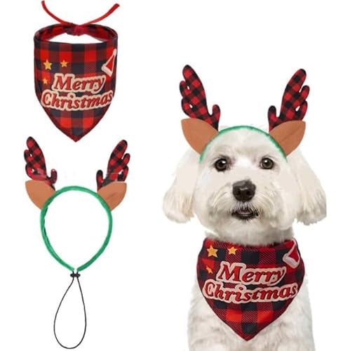 Dusenly 2 x Weihnachts-Hundehalstuch, Rentier, Stirnband, Kostüm, Hund, Weihnachtsschal, Dreieck-Lätzchen für kleine, mittelgroße Hunde, Haustier-Geschenke von Dusenly