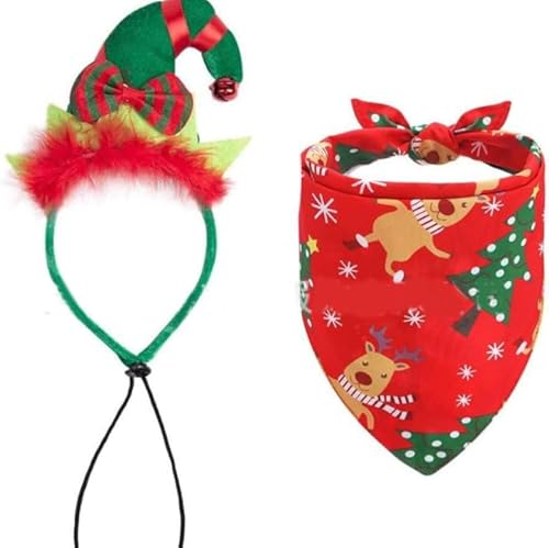 Dusenly 2 x Weihnachts-Hundehalstuch, Weihnachtselfen-Stirnband, Weihnachtsschal, Dreieck-Lätzchen, Haarband für kleine, mittelgroße Hunde, Haustiere, Geschenke von Dusenly