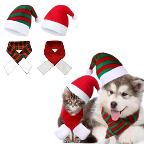 Dusenly 4-teiliges Hunde-Weihnachtsmann-Mütze und -schal, Weihnachtsmannmütze, Schal, Set, Urlaub, Party, niedliche Kostüme für kleine Hunde und Katzen von Dusenly