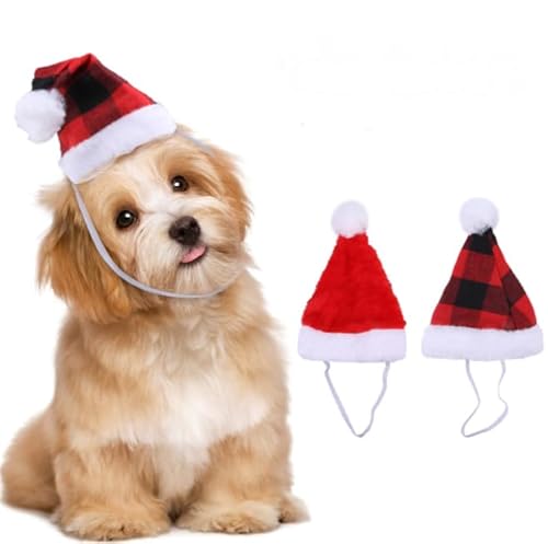 Dusenly Weihnachtsmütze für Hunde, Weihnachtsmannmütze, weicher Plüsch, Katzenhut, Haustier-Kostüme für kleine Hunde, Katzen, Welpen, Weihnachtsdekoration, Geschenke, 2 Stück von Dusenly