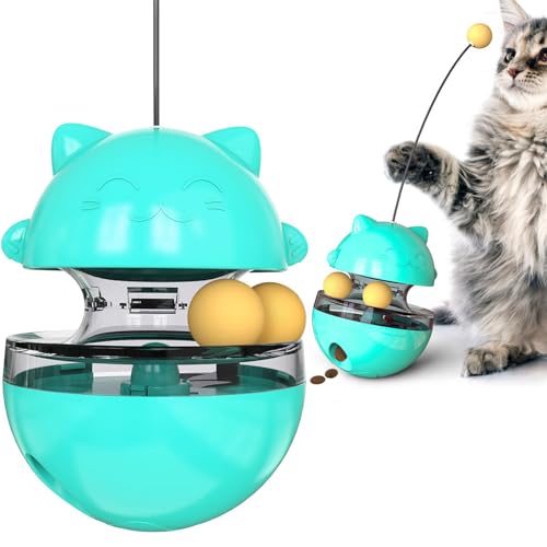 Dussdote Interaktives Katzenspielzeug, Katzen-Leckerli-Ball-Spielzeug, transparentes Fenster, langsames Füttern, Haustier-Leckerli-Spender, Ball, Hunde-Puzzle-Spielzeug mit Teasing-Stick (Blau) von Dussdote