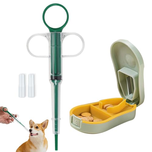 Duuclume 2 Pcs Haustiere Pille Shooter & Pille Crusher und Cutter, Pet Piller Gun für Tabletten, medizinische Fütterung Dispenser Soft-Tip-Spritze für Katzen & Hunde, Pill Splitter & Pill Box von Duuclume