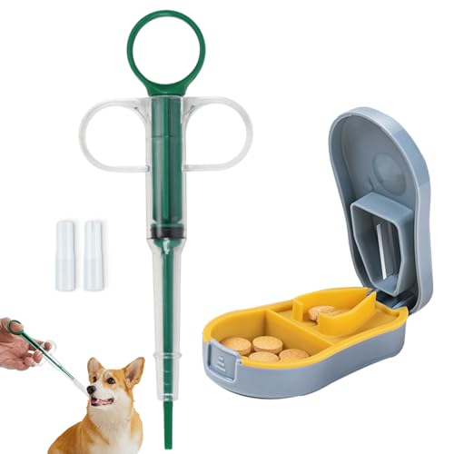 Duuclume 2 Pcs Haustiere Pille Shooter & Pille Crusher und Cutter, Pet Piller Gun für Tabletten, medizinische Fütterung Dispenser Soft-Tip-Spritze für Katzen & Hunde, Pill Splitter & Pill Box von Duuclume