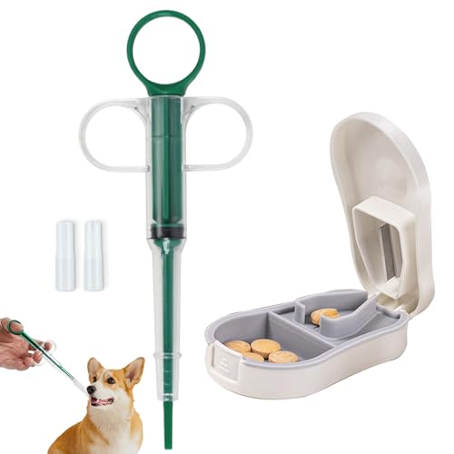 Duuclume 2 Pcs Haustiere Pille Shooter & Pille Crusher und Cutter, Pet Piller Gun für Tabletten, medizinische Fütterung Dispenser Soft-Tip-Spritze für Katzen & Hunde, Pill Splitter & Pill Box von Duuclume