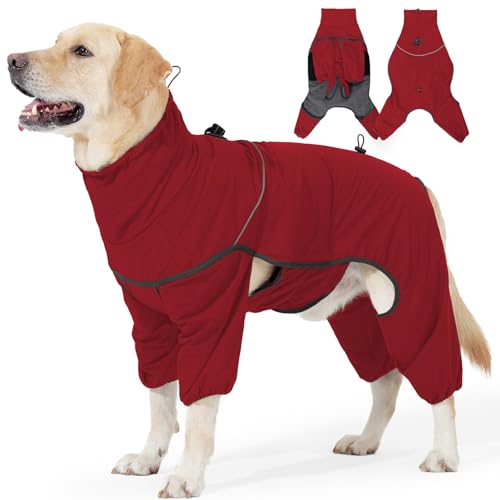 Duuclume Beheizter Hundemantel, vierbeinig, wasserdicht, verstellbar, mit einziehbarem hohem Hals, Winterkleidung für kleine, mittelgroße und große Hunde (Rot, XL) von Duuclume