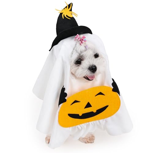 Duuclume Halloween-Hundekostüm, lustiges weißes Geister-Kostüm für Hunde und Katzen, Halloween-Hund, Cosplay-Party, kreatives Kürbis-Geist, Haustierkleidungsset mit Süßigkeiten- oder Leckerli-Tasche, von Duuclume