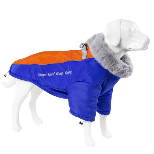 Duuclume Hundemantel für kaltes Wetter, wasserdicht, winddicht, warme Jacke mit Reißverschluss, zweibeiniger, warmer Schneeanzug mit Fellkragen für kleine, mittelgroße und große Hunde (Blau, Größe von Duuclume