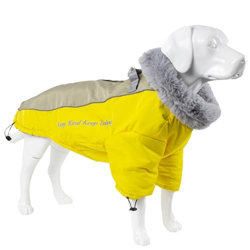 Duuclume Hundemantel für kaltes Wetter, wasserdicht, winddicht, warme Jacke mit Reißverschluss, zweibeiniger, warmer Schneeanzug mit Fellkragen für kleine, mittelgroße und große Hunde (Gelb, Größe von Duuclume