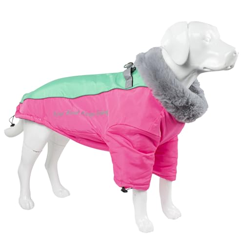 Duuclume Hundemantel für kaltes Wetter, wasserdicht, winddicht, warme Jacke mit Reißverschluss, zweibeiniger, warmer Schneeanzug mit Fellkragen für kleine, mittelgroße und große Hunde (Rosa, Größe von Duuclume