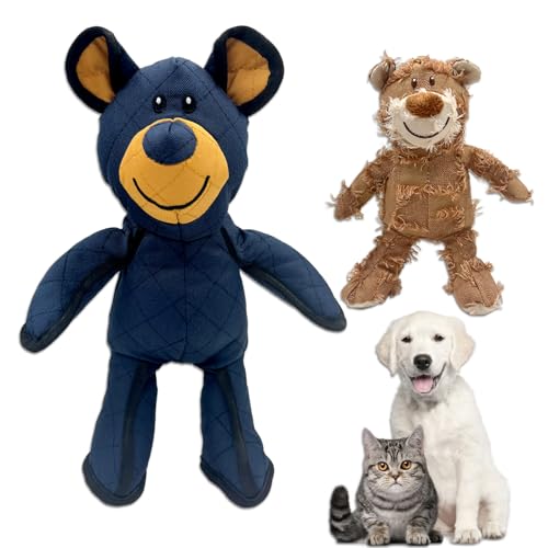 Duuclume Hundespielzeug, unzerstörbar, quietschend, interaktiv, mächtiger Bär, niedlicher Teddybär, Hundespielzeug für kleine, mittelgroße und große Hunde (blau, groß + hellbraun, klein), 2 Stück von Duuclume