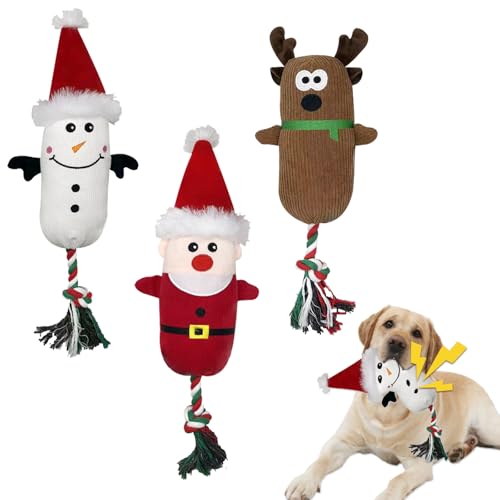 Duuclume Hundespielzeug mit Quietschelement, Plüsch-Hundespielzeug, Cord, Weihnachtsmann, Rentier und Schneemann, interaktives Kauspielzeug für Hunde, Welpen, um sie zu beschäftigen, 3 Stück von Duuclume