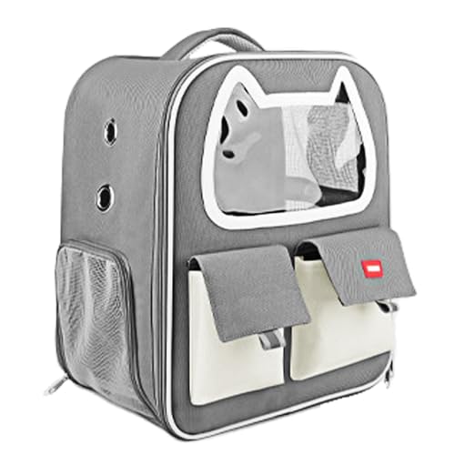 Duuclume Katzentragerrucksack, großer Haustier-Rucksack mit Aufbewahrungstasche für kleine Hunde, Katzen, Welpen, Kätzchen, belüftetes Netzgewebe, vorne mit transparentem PVC, für Reisen, Wandern, von Duuclume