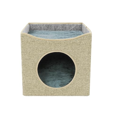 Duuclume Katzenwürfel für Indoor-Katzen, Faltbares waschbares, halbgeschlossenes Katzenbett, flauschiges großes Würfel-Katzenhöhlenbett mit Baldachin und Kratzunterlage (Beige) von Duuclume