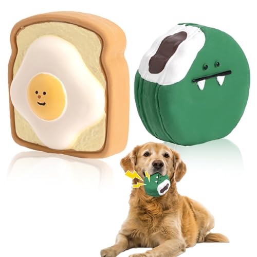 Duuclume Kauspielzeug für Hunde für aggressive Kauer, 2 Packungen kleine Hunde, bissfest, Latex, interaktives Quietschspielzeug (Toast und Macaron) von Duuclume