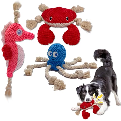 Duuclume Quietschendes Hundespielzeug, 3-teiliges Meerestier-Spielzeug-Set, gefülltes Kauspielzeug, Oktopus, Krabbe, Seepferdchen, Tauziehen, Hundespielzeug für alle Rassen von Duuclume