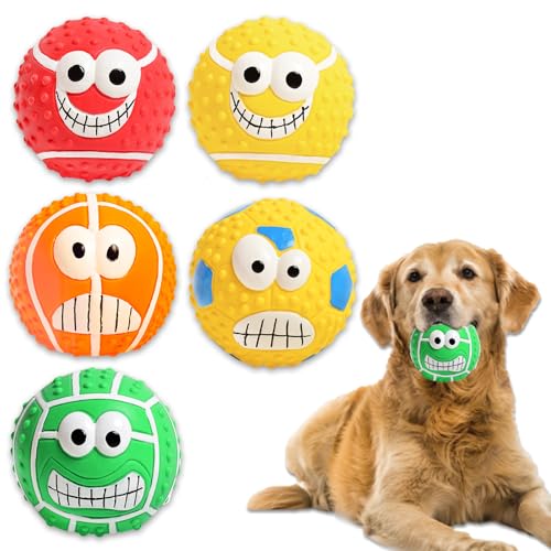 Duuclume Quietschendes Hundespielzeug, interaktives Hundespielzeug, Kauspielzeug, Apportierspiel, bunter Latex-Gummiball, langlebig, für kleine, mittelgroße Welpen, Hunde, 5 Stück von Duuclume