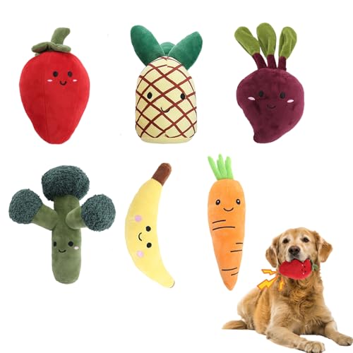 Duuclume Quietschendes Plüsch-Hundespielzeug, 6 Stück, gefülltes Haustierspielzeug, Obst-Set – Ananas, Rettich, Karotte, Brokkoli, Banane, Chili-Hundekauen für aggressive Kauer, um sie zu beschäftigen von Duuclume