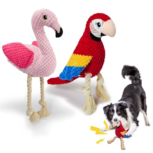 Duuclume Quietschendes interaktives Plüschspielzeug, Flamingos und Papageien, Vogel-Hundespielzeug, Tauziehen, Zahnspielzeug für kleine, mittelgroße und große Hunde, 2 Stück von Duuclume