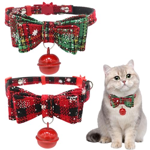 Duuclume Weihnachts-Katzenhalsbänder mit Fliege und Glöckchen, verstellbares Sicherheitshalsband mit Schnallen für Welpen, Katzen, Kätzchen, Weihnachtsdekoration, Zubehör, kariertes von Duuclume