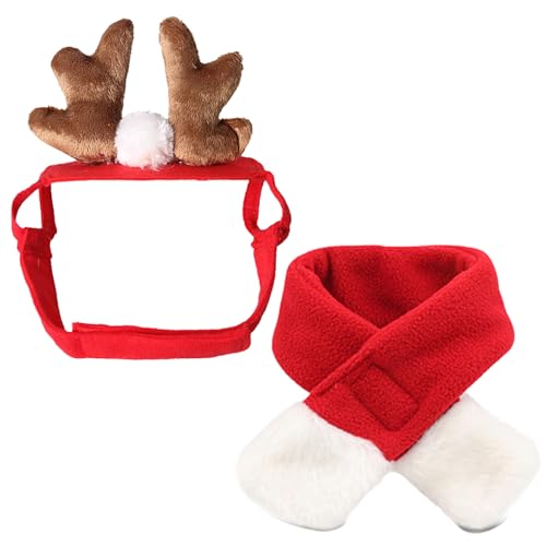 Duuclume Weihnachtskostüm-Outfit für Haustiere, Katzenhut, Rentiergeweih, Stirnband, roter Schal für Hunde und Katzen, Weihnachtsfeiertage, 2 Stück von Duuclume