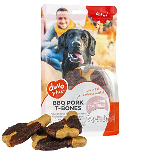 Chew! BBQ Schwein T-Bones 9,5 cm – 6 Stück / 300 g, köstlicher BBQ Snack auf Schweinebasis, geringer Fettgehalt, ohne Zuckerzusatz, ideal als Snack oder Belohnung für Hunde von Duvoplus