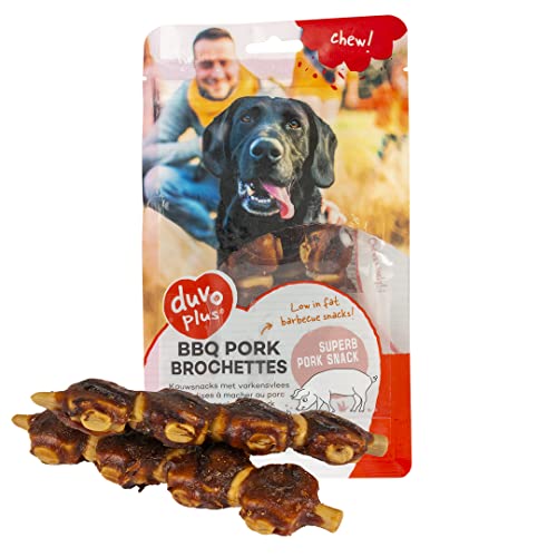 Chew! BBQ Schweinefleischspieße, 14 cm – 6 Stück/300 g, köstlicher Snack BBQ auf Schweinebasis, geringer Fettgehalt, ohne Zuckerzusatz, ideal als Snack oder Belohnung für Hunde von Duvoplus