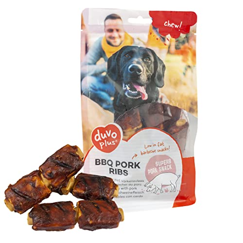 Chew! BBQ Schweinerippchen 9,8 cm – 6 Stück/300 g, köstlicher BBQ Snack auf Schweinebasis, geringer Fettgehalt, ohne Zuckerzusatz, ideal als Snack oder Belohnung für Hunde von Duvoplus