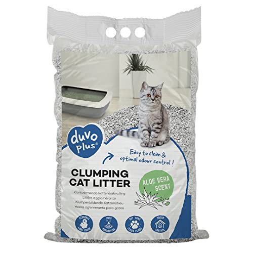 Klumpendes Katzenstreu mit Aloe Vera, 12 kg, absorbiert schnell, 100% Bentonit, EIN sehr feines und natürliches Granulat, 99,5% staubfrei, für saubere Pfoten, neutralisiert schlechte Gerüche von Duvoplus