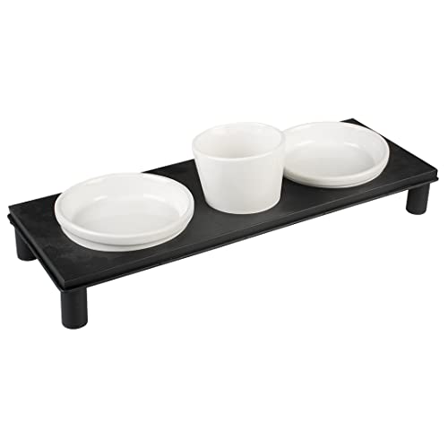 duvoplus, Dinner Set Stone Up Rechteckig, 200 ml – 41 x 14,5 cm weiß/schwarz, Ständer aus Stahl, glasierte Keramik, für Nassfutter, Trockenfutter und Wasser, spülmaschinenfest von Duvoplus