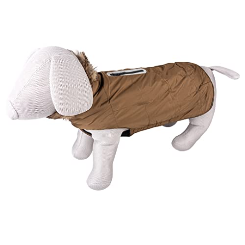 duvoplus, Fluffy Hundejacke, mit Kapuze, XL – 70 cm, Khaki, warmes und modisches Design, gepolstert mit weichem Fleece, spritzwassergeschützt, einfach anzuziehen Dank Klettbändern von Duvoplus