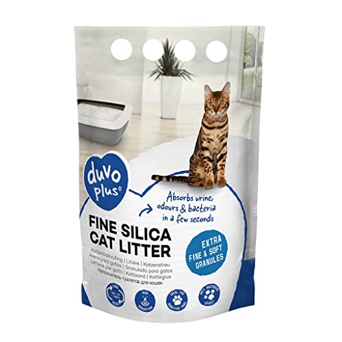 Premium Silica Katzenstreu, 5 l, biologisch abbaubar, extra feines und weiches Granulat, 100% natürliches Produkt, hohe Absorption, neutralisiert schlechte Gerüche, super sparsam, saubere Pfoten von Duvoplus