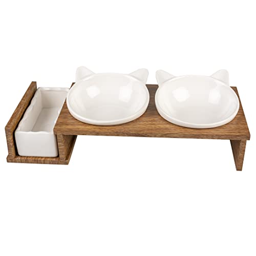 duvoplus, Set mit 3 Keramikschalen für Katzen, Modell Stony Up, Ständer aus Polywood, 3 Schalen zum Essen, Trinken und Katzenminze, spülmaschinenfest, 250 ml + 350 ml, Weiß von Duvoplus