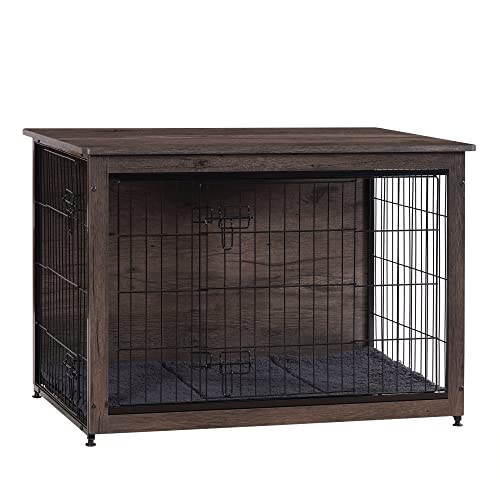 DWANTON Hundekäfig-Möbel mit Kissen, Holzhüttentisch mit Doppeltüren, Indoor-Hundehütte, große Größe, 97,8 cm L, Dunkelgrau von Dwanton