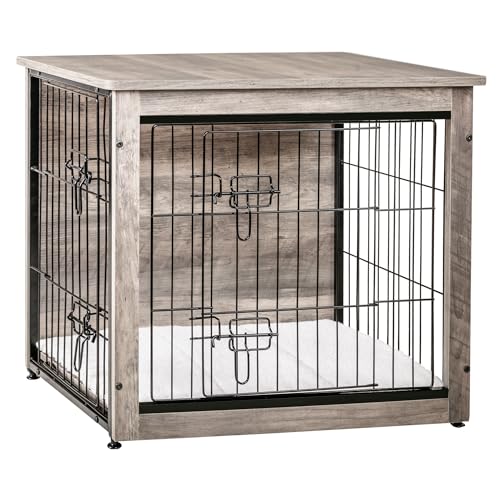 DWANTON Hundekäfigmöbel mit Kissen, Hundebox aus Holz mit Doppeltüren, Hundemöbel, Hundehütte Indoor für kleine/mittelgroße/große Hunde, Beistelltisch, klein, 69,1 cm L, Greige von Dwanton