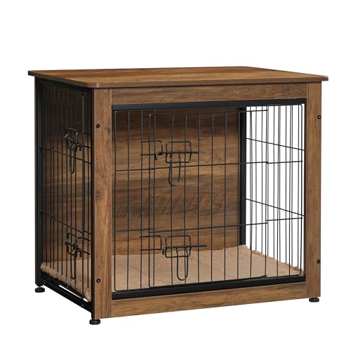 DWANTON Hundekäfigmöbel mit Kissen, Hundebox aus Holz mit Doppeltüren, Hundemöbel, Hundehütte Indoor für kleine/mittelgroße/große Hunde, Beistelltisch, klein, 69,1 cm L, Warmbraun von Dwanton