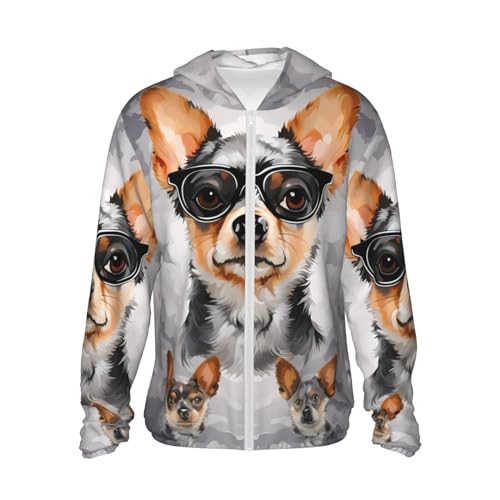 Dwrepo Chihuahua Hund Brille Druck Sonnenschutz Hoodie Jacke Durchgehender Reißverschluss Langarm Sonnenshirt mit Taschen für Draußen, Schwarz, M von Dwrepo