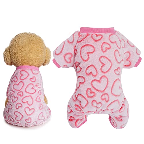 Dxhycc Fleece-Hunde-Pyjama, niedlicher Hunde-Herz-Pyjama, Welpen-Overall, Pyjama, warm, weich, Haustier-Urlaubskleidung für kleine, mittelgroße Katzen und Hunde (Rosa, L) von Dxhycc