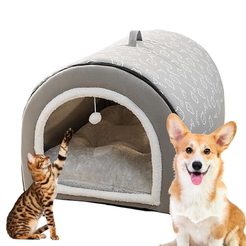 Dybnuhoc Überdachtes Hundebett | Abnehmbares 2-in-1-Katzenbett und -Haus mit Kugelanhänger | Überdachtes Katzenversteck, Flanell-Katzennest, warme und Bequeme Hundebetten für große Hunde, waschbare von Dybnuhoc