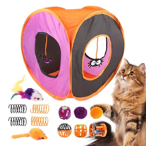 Dyeulget Katzentunnel-Spielzeugset, Katzentunnel für Hauskatzen | Süßes interaktives Katzenspielzeug-Set - Niedliches interaktives Katzenwürfel-Spielzeugset, Halloween-Kätzchenzubehör, von Dyeulget