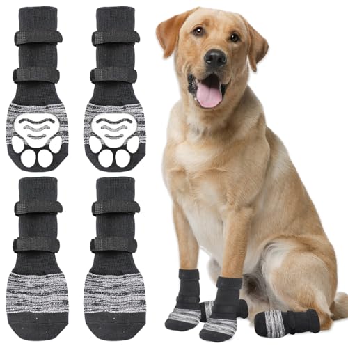 Dzmuero Hundesocken, Hundesocken Leckschutz, 4 Stück Rutschfester Haustierpfotenschutz mit Verstellbaren Riemen für Den Innen- und Außenbereich Welpensocken für Kleine/Mittlere Hunde Socken (Größe M) von Dzmuero