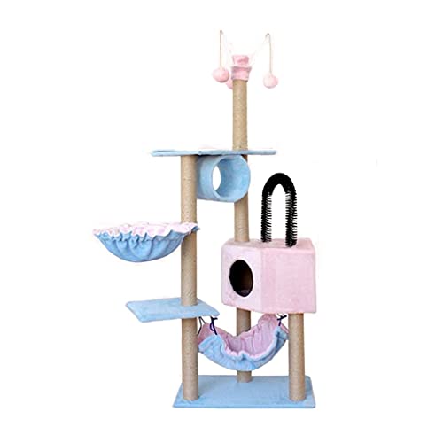 Zweifarbige Nähte Katze Turm Multi-Level Deluxe Cat Tree mit Katze Korb Liege Hängematte Katze Kletterrahmen (Color : Blue with pink, Größe : A) von Dzwyc