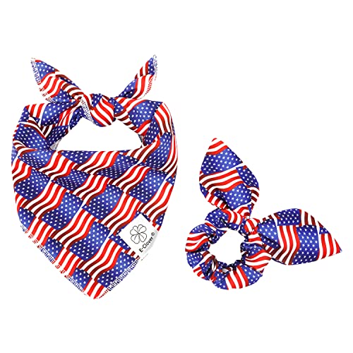 E-Clover 4. Juli Hundehalstücher und passendes Haargummi-Set, amerikanische Flagge, Hundeschal für mittelgroße und große Hunde, patriotisches Haustier-Bandana, Halstuch, Besitzer-Geschenke, Blau von E-Clover