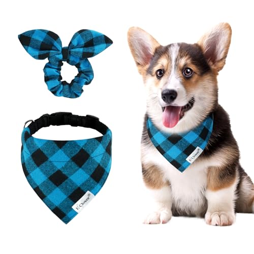 E-Clover Blaues Hundehalsband – kariertes Hundehalsband, Bandana und passendes Haargummi, verstellbare Hundehalsbänder für XS, kleine Hunde, Welpenbesitzer, Geschenk für Jungen von E-Clover