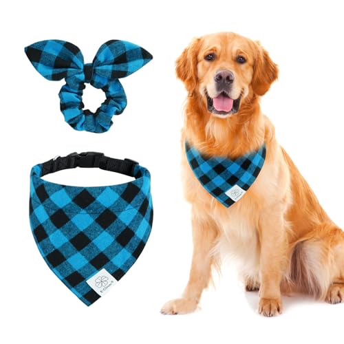 E-Clover Blaues Hundehalsband – kariertes Hundehalsband, Bandana und passendes Haargummi, verstellbare Hundehalsbänder für kleine, mittelgroße Hunde, Katzen, Besitzer, Geschenk für Jungen von E-Clover