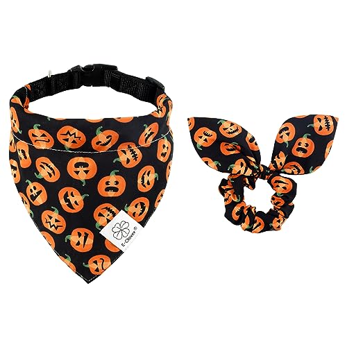 E-Clover Halloween-Hundehalsband – Kürbis-Hundehalsband, Bandana und passendes Haargummi, verstellbar, für Mädchen und Jungen, für kleine und mittelgroße Hunde, Geschenk von E-Clover