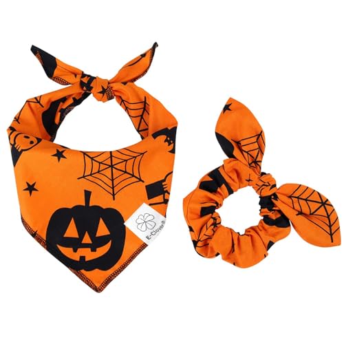 E-Clover Halloween-Hundehalstücher und passendes Haargummi-Set, Kürbis-Hundehalstuch, Dreieckstuch für kleine, mittelgroße und große Hunde, Besitzer, Orange von E-Clover