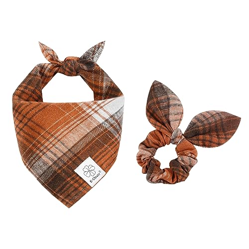 E-Clover Herbst Hund Bandana & passendes Scrunchie-Thanksgiving Hund Bandana Dreieck Plaid Haustier Schal Lätzchen für kleine Hunde Welpen Mädchen Junge Besitzer Geschenk von E-Clover