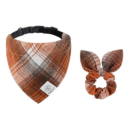 E-Clover Herbst Hundehalsband – Plaid Thanksgiving Hundehalsband Bandana & passendes Scrunchie Verstellbare Hundehalsbänder für XS Kleine Hunde Welpenbesitzer Geschenk Orange von E-Clover