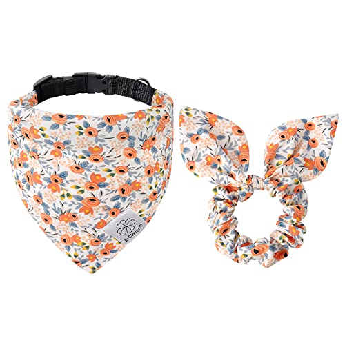 E-Clover Herbst Hundehalsband & Passendes Scrunchie Set Blume Drucken Hundehalsband Bandanas Mädchen Verstellbare Halsbänder für Kleine Mittlere Hunde Welpen Katzenbesitzer Orange von E-Clover