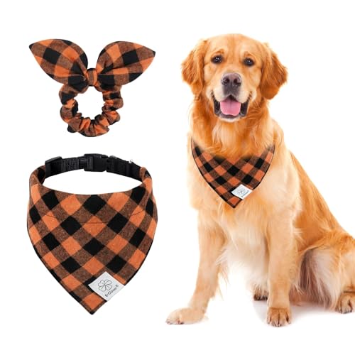 E-Clover Hundehalsband, kariert, Bandana und passendes Haargummi, verstellbar, für kleine, mittelgroße Hunde, Katzen, Besitzer, Geschenk, Orange von E-Clover